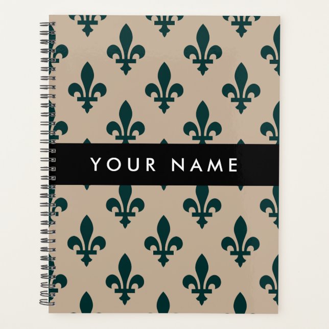 Agenda Fleur de Lis, Verde sobre Bege, Real, Seu Nome (Frente)