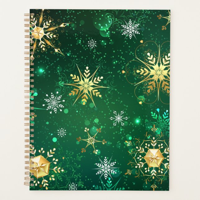 Agenda Flocos de neve do Ouro Xmas em fundo verde (Frente)