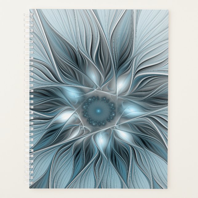 Agenda Flor Abstrata Alegre Azul Cinza Fractal Floral (Frente)