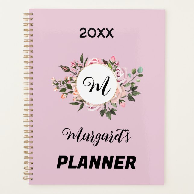 Agenda Flor cor-de-rosa com monograma e texto (Frente)