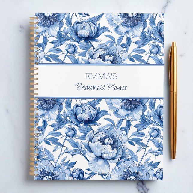 Agenda Flor de Nome Personalizado de Damas de Honra Flora (Blue Floral Bridesmaid Personalized Name Flower Planner)
