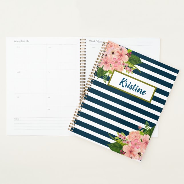 Agenda Florais Clássicos com Stripes Azuis e Brancas Real (Exibição)