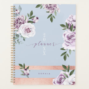 Agenda Florais de cor violeta elegante com Rosa Dourada f