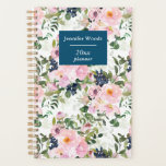 Agenda Florais de Vintage em Blush e Marinho Personalizad<br><div class="desc">Padrão floral romântico de aquarela víbora,  cor-de-rosa pincelado e azul-marinho,  personalizado com seu nome.</div>