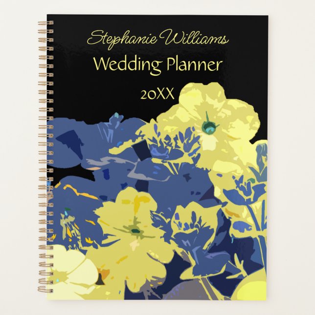 Agenda Floral Amarelo Azul Nome Personalizado de Casament (Frente)