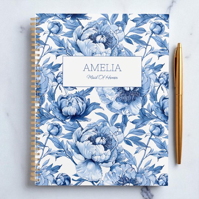 Agenda Floral Azul Chinoiserie Nome de Flor Moderno Sem D (Blue Floral Chinoiserie Flower Name Modern Undated Planner Bridal shower Bridesmaid)