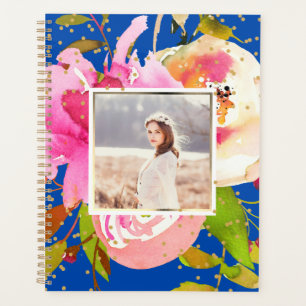 Agenda Floral Azul Vibrante e Foto Confetti