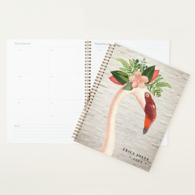 Agenda Floral Boho Flamingo White Brick Planner (Exibição)