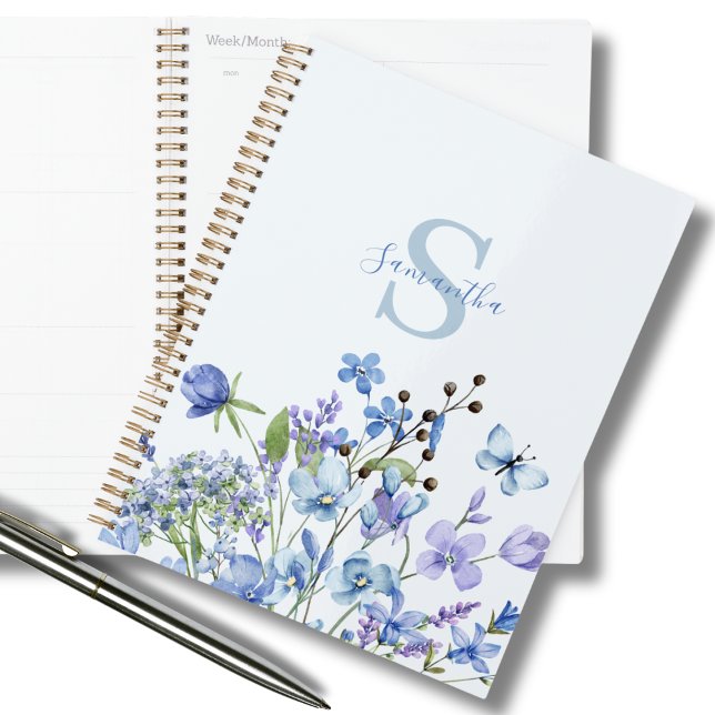 Agenda Floral de Flor Azul Personalizado (Criador carregado)