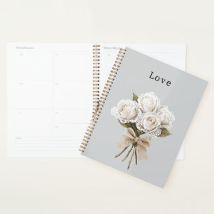 Agenda Floral de Rosas Brancas de Renda Falsa Cinza Bonit