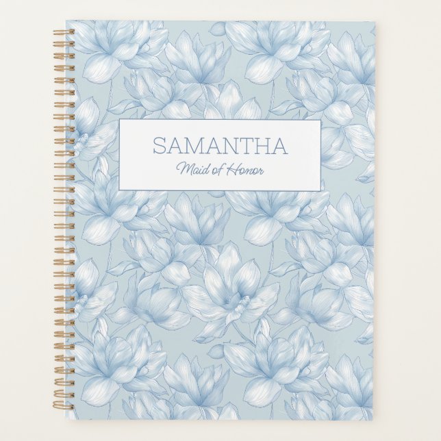 Agenda Floral Dusty Blue Fllower Moderna Nome da Madrinha (Frente)