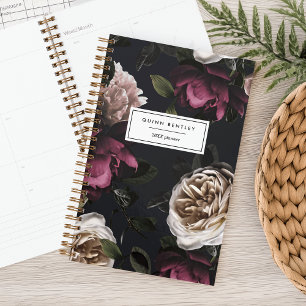 Agenda Floral Escuro Elegante em Preto Personalizado