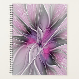 Agenda Floral Fractal Moderno Abstrato Flor Rosa Cinza