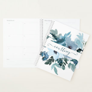 Agenda Floral personalizado em aquarela azul e turquesa