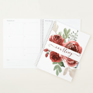 Agenda Floral personalizado em aquarela vermelho profundo