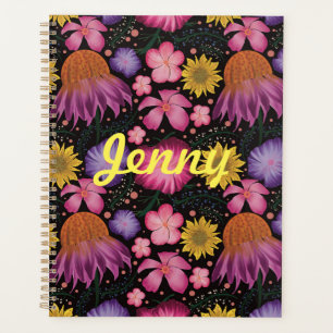 Agenda Floral Preto de Flor Selvagem Personalizado