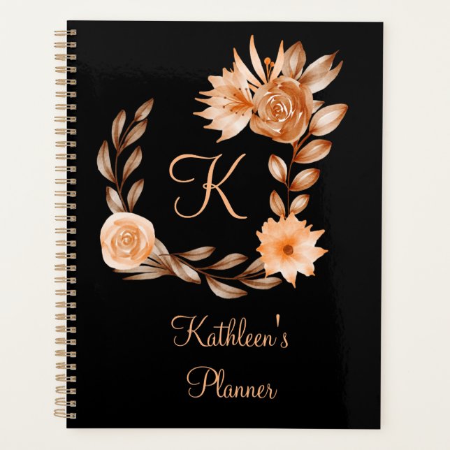Agenda Floral Preto Marrom e Bege Monogramado (Frente)