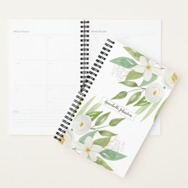 Agenda Floral Verde e Branco da Aquarela Elegante (Exibição)