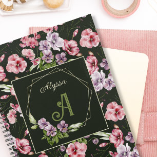 Agenda Floral Watercolor Monograma Nome Elegante Preto