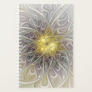 Agenda Floreio Com Dourada Flor Fractal Abstrato Moderna
