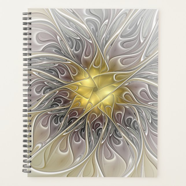 Agenda Floreio Com Dourada Flor Fractal Abstrato Moderna (Frente)