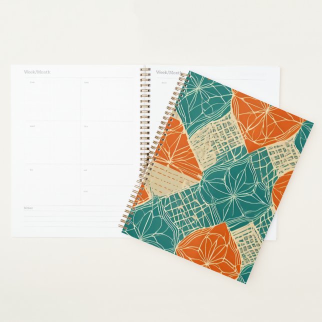 Agenda Flores Abstratas em Azul-Verde, Laranja e Bege (Exibição)