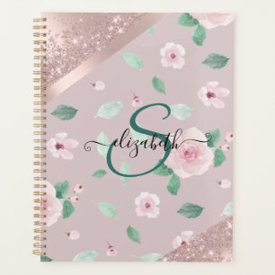 Agenda Flores Aquarela Monograma Dourado Rosa