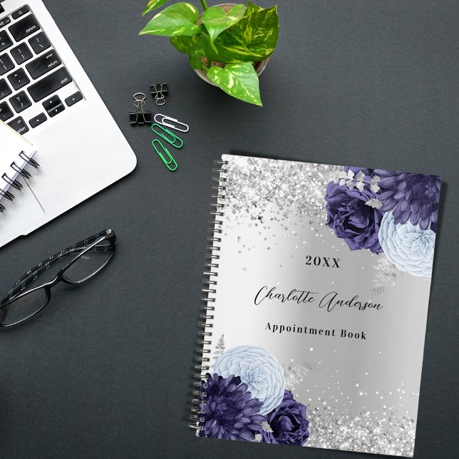 Agenda Flores azuis marinho prateado elegante glamouroso  (Criador carregado)