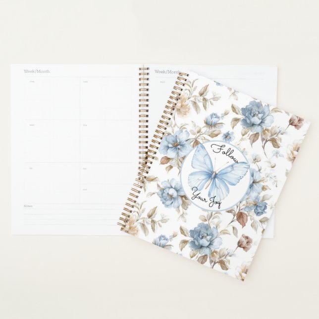 Agenda Flores Azuis Românticas Folhas Marrons Borboleta (Exibição)