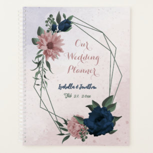 Agenda flores botânicas de casamento rosa e azul marinho