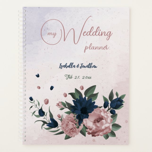 Agenda flores botânicas rosa e azul marinho para casament (Frente)