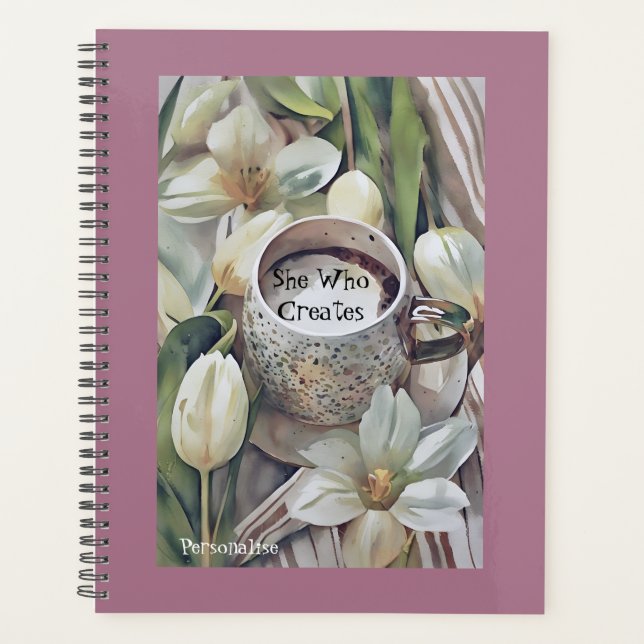 Agenda Flores Brancas Coffee Coffee Cote Diário Rosa (Frente)