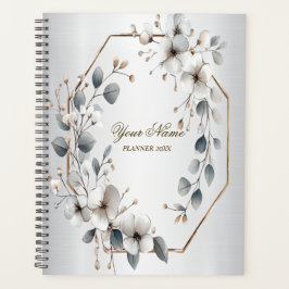 Agenda Flores brancas de aquarela Ouro Frame Silver Teal