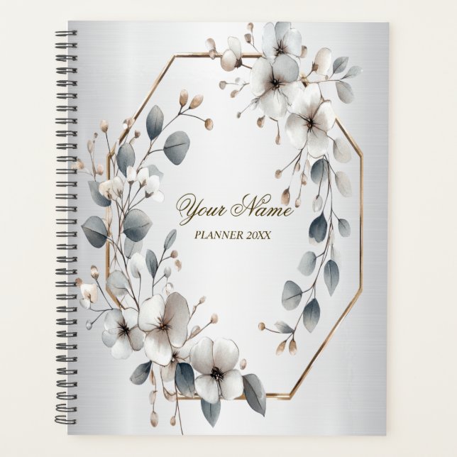 Agenda Flores brancas de aquarela Ouro Frame Silver Teal (Frente)
