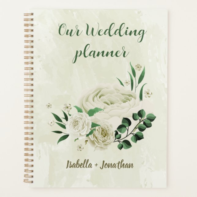 Agenda Flores brancas de marfim, verde casamento (Frente)