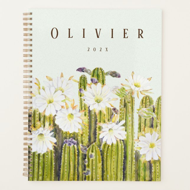 Agenda flores brancas do cacto pintado a aquarela (Frente)