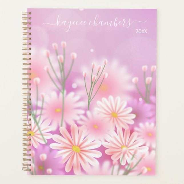Agenda Flores Brancas e Rosa Personalizadas Elegantes (Frente)