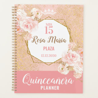 Agenda Flores Cor-de-Rosa Brilhantes Glitter Quinceañera