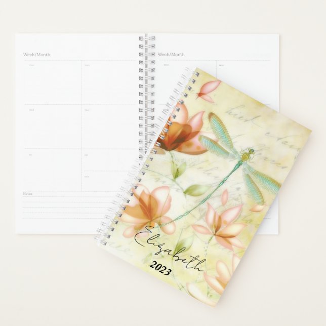 Agenda Flores cor-de-rosa e libélula personalizadas, ano (Exibição)