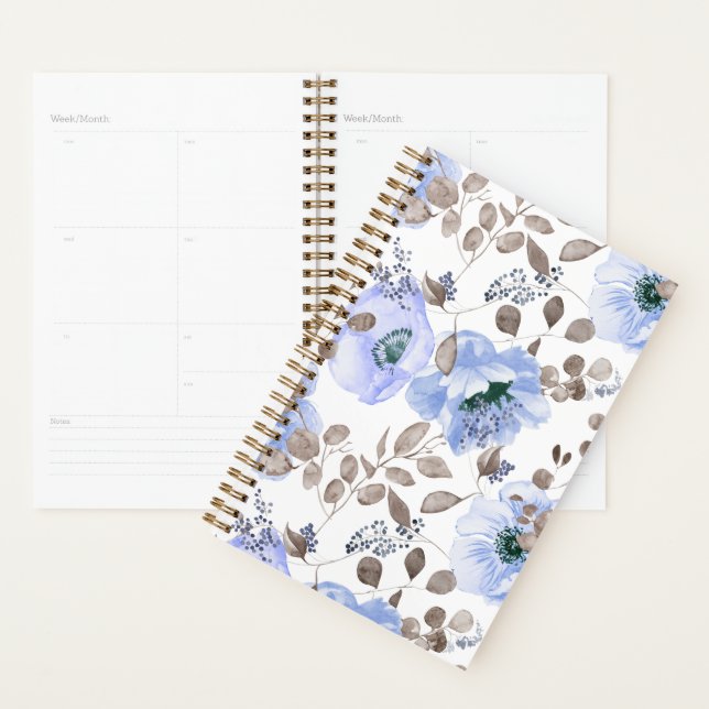 Agenda Flores de Aquarela Azul-Chic (Exibição)