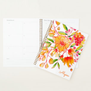 Agenda Flores de Aquarelas Vintage em Laranja Personaliza