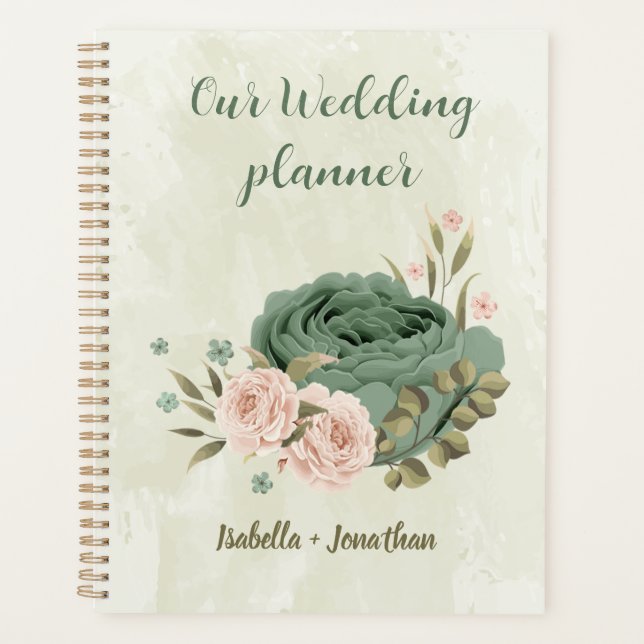 Agenda flores de casamento com tons de verde-claro e rosa (Frente)