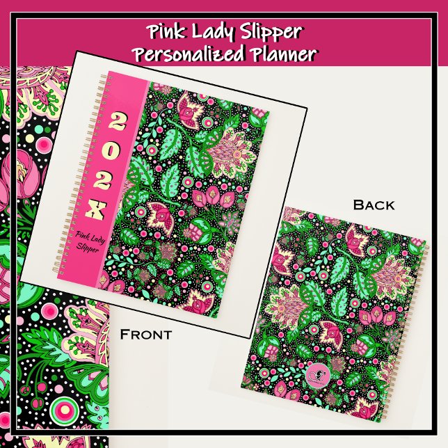 Agenda Flores de Dama Rosa no Preto Personalizadas (Bold pink and green modern folk art design featuring delicate pink lady slipper flowers. )