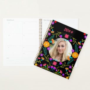 Agenda Flores de Festa Mexicana Preto Foto Personalizada