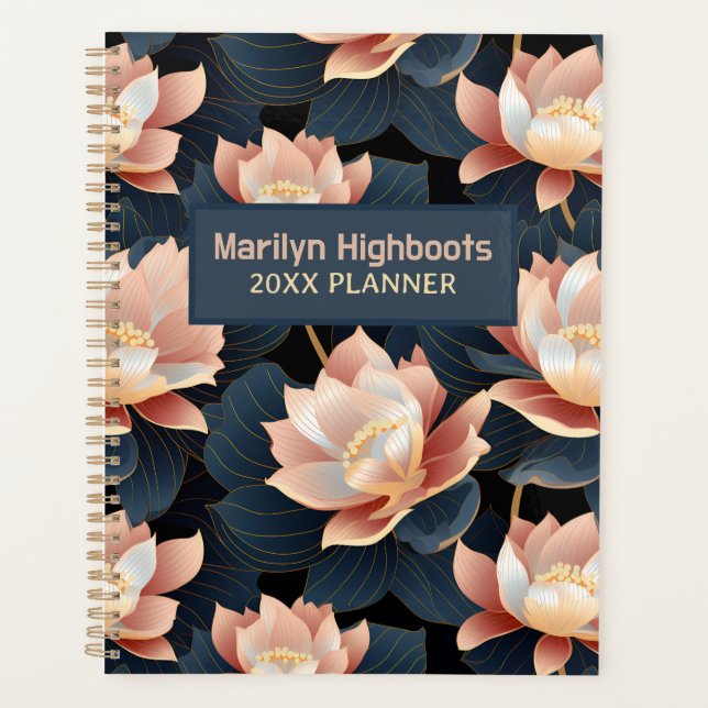 Agenda Flores de Lotus Azul Escuro e Pêssego (Frente)