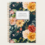 Agenda Flores de outono de Cores Aquáticas e Padrão Verde<br><div class="desc">Planeador floral personalizável com buquê floral de péonias,  rosas e margaridas roxas,  cor-de-rosa,  amarelas e vermelhas,  com sotaques verdes. Personalize adicionando nomes e outros detalhes. Este planejador botânico será perfeito como presente personalizado para o Natal,  aniversários e graduações.</div>