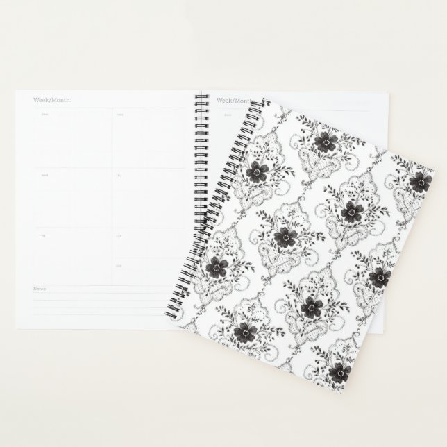 Agenda Flores de renda falsa preto e branco (Exibição)