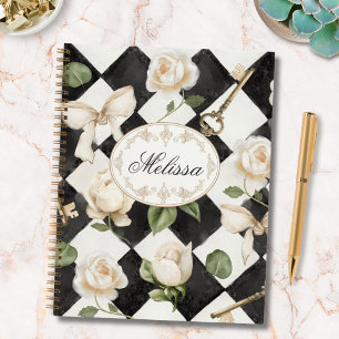 Agenda Flores de Rosa Vintage Monograma Preto Branco Diam