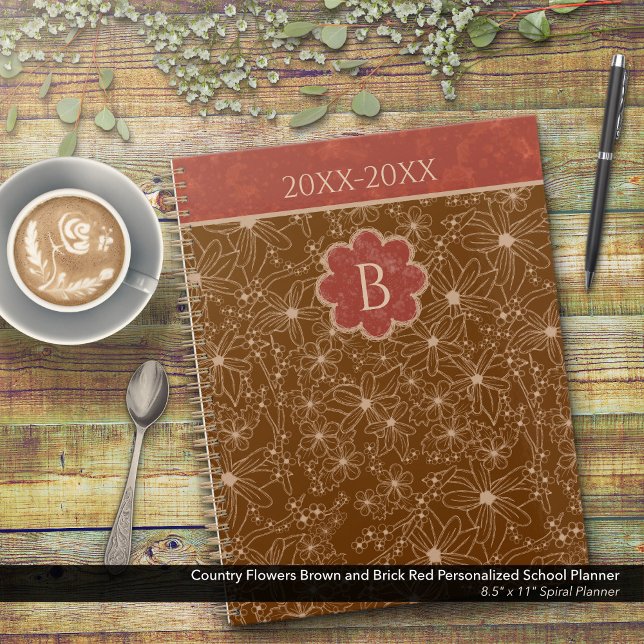 Agenda Flores-do-campo Brown Red Personalised School (Country Flowers Brown and Red Personalized School Planner: Customize the Date and Monogram)
