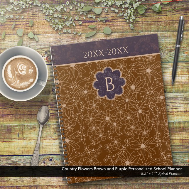 Agenda Flores-do-campo, Escola Personalizada Púrpura Marr (Country Flowers Brown and Purple Personalized School Planner: Customize the Date and Monogram)